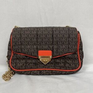 Michael Kors Shoulder Bag Large Quilted Logo Brown Nylon Gold‎ Chain SoHo New